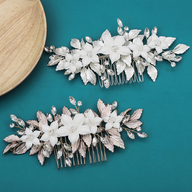 Handmade Ceramic flower metal leaf wedding hair combs