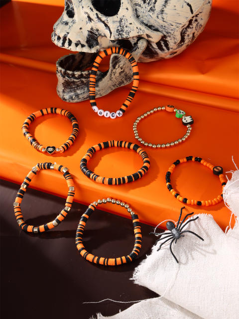7pcs Halloween skull ghost clay bead elastic bracelet set