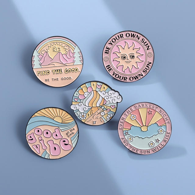 Magic sweet pink color enamel round shape metal pin brooch