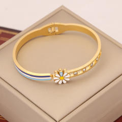Gold color enamel evil eye daisy flower stainless steel bangle