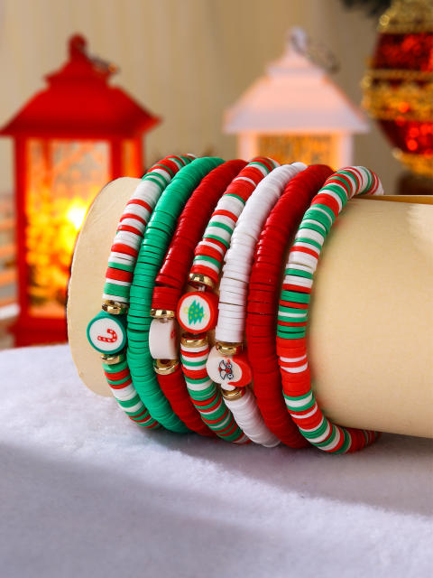 7PCS Green red white clay bead elastic christmas bracelet