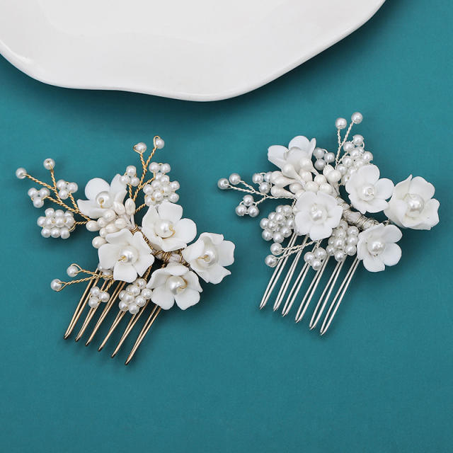 Small size handmade pearl bead flower women wedding hair combs