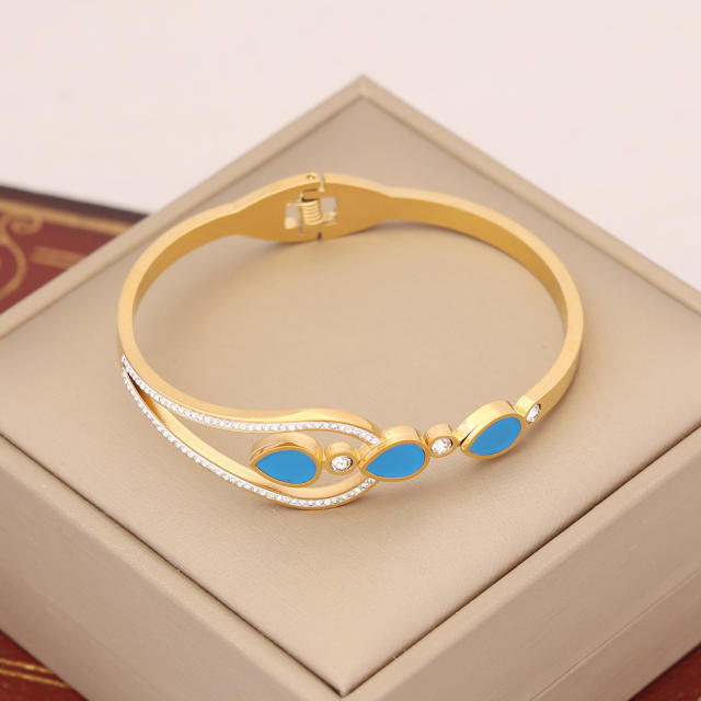 Gold color enamel evil eye daisy flower stainless steel bangle