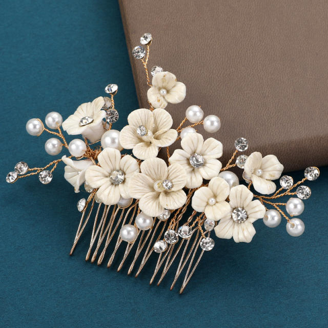 Occident fashion white Ceramic flower pearl bead handmade wedding hair combs