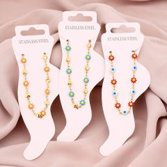 Sweet color enamel daisy flower evil eye stainless steel anklet