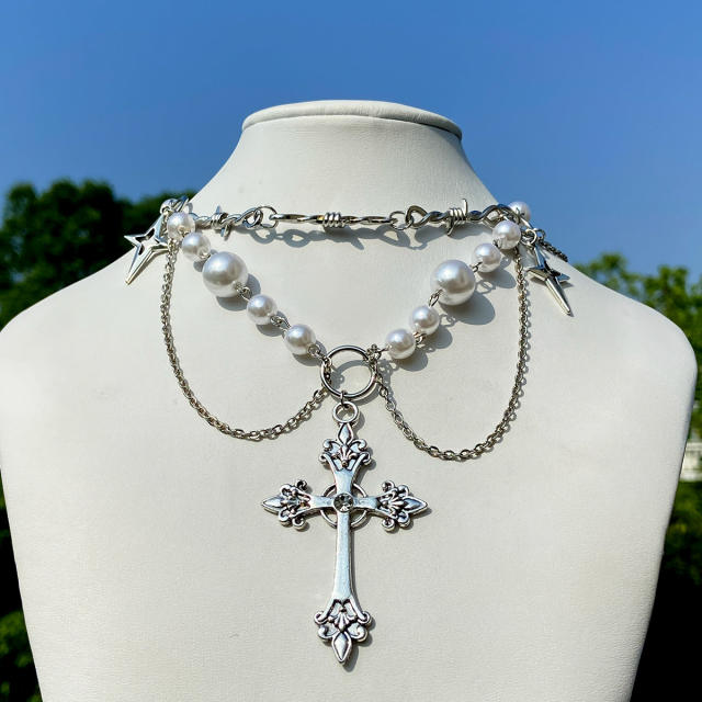 Y2K imitation pearl bead cross pendant lolita necklace