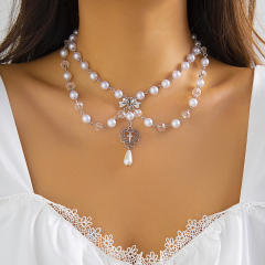 Y2K imitation pearl bead cross pendant lolita necklace