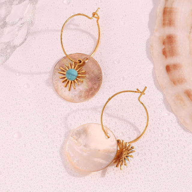 18KG turquoise sunflower round shape dangle stainless steel hoop earrings