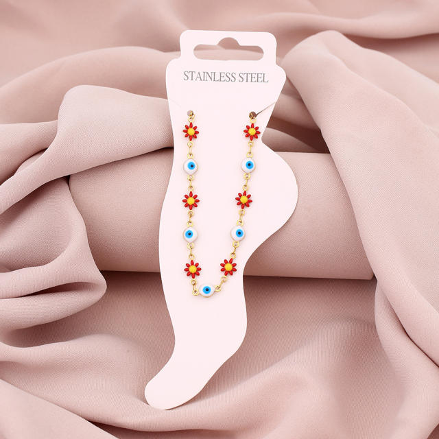 Sweet color enamel daisy flower evil eye stainless steel anklet