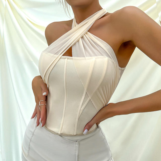 Sexy apricot mesh halter neck corset tops for women