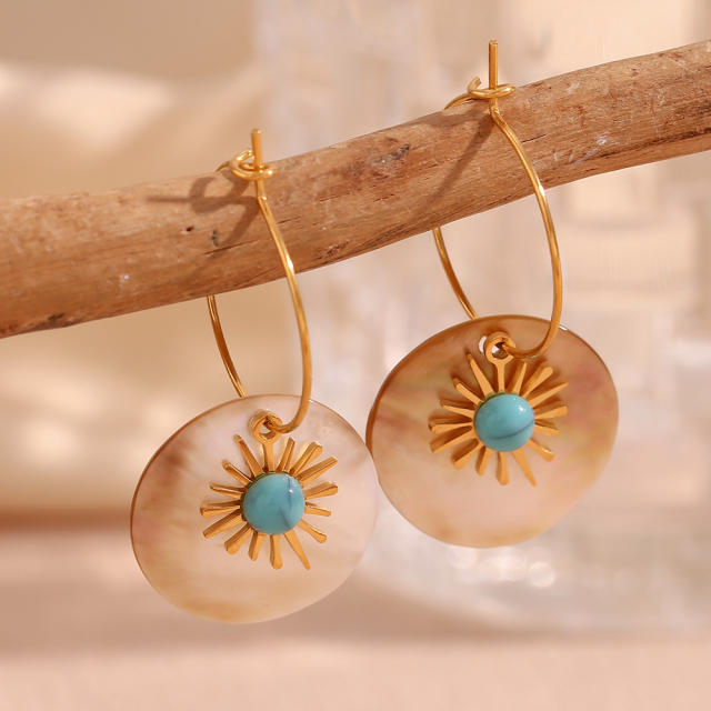 18KG turquoise sunflower round shape dangle stainless steel hoop earrings