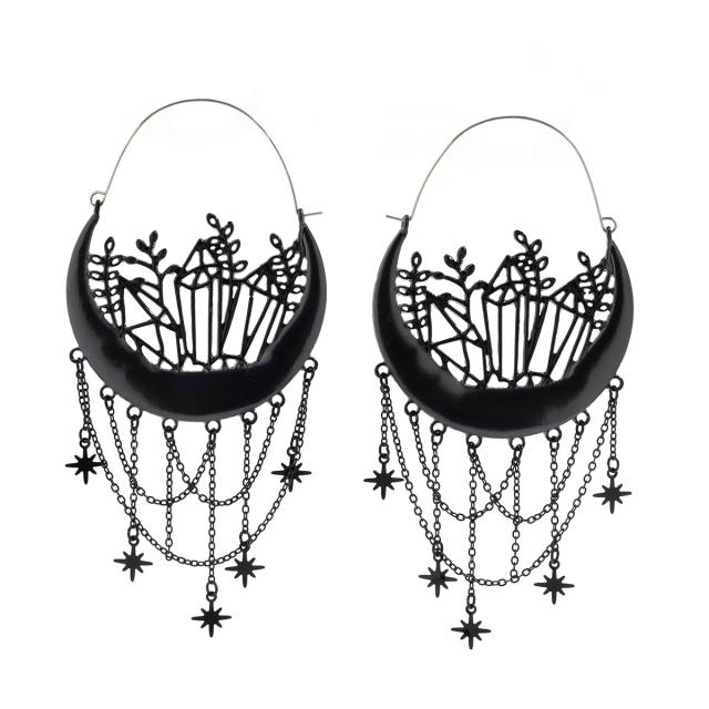 Halloween black flower tassel gothic hoop earrings for women