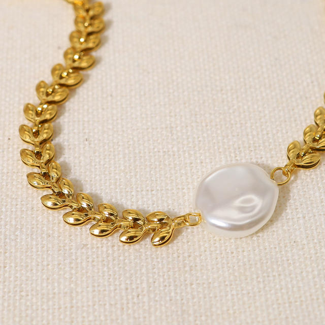 18KG baroque pearl wheat chain stainless steel bracelet