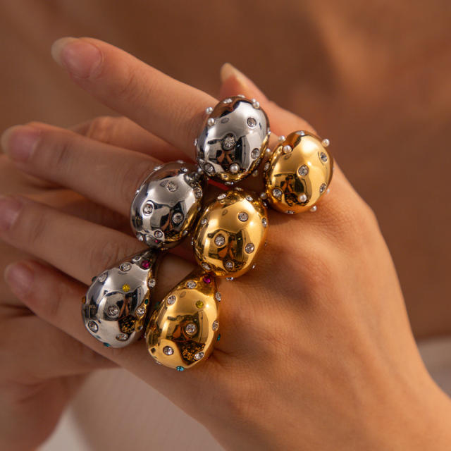18KG chunky rhinestone setting ball stainless steel finger rings