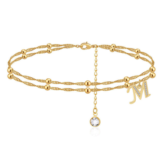 Delicate diamond initial letter charm two layer dainty women anklet
