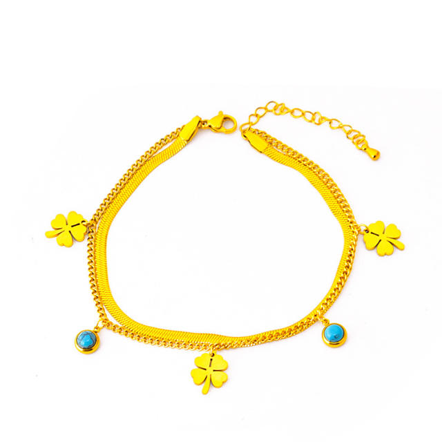 Korean fashion two layer clover turquoise bead charm stainless steel anklet