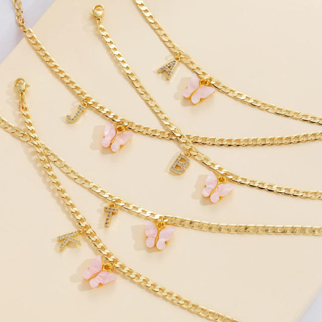 Delicate two layer pink butterfly diamond initial letter charm coppe anklet for women
