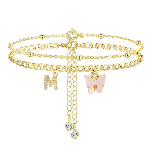 Delicate two layer pink butterfly diamond initial letter charm coppe anklet for women