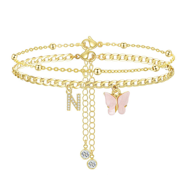 Delicate two layer pink butterfly diamond initial letter charm coppe anklet for women