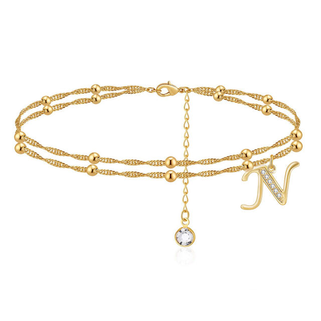 Delicate diamond initial letter charm two layer dainty women anklet