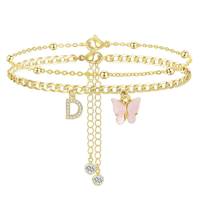 Delicate two layer pink butterfly diamond initial letter charm coppe anklet for women