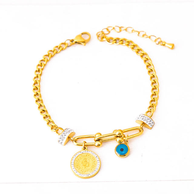 Popular diamond ball classic evil eye heart turquoise bead stainless steel bracelet