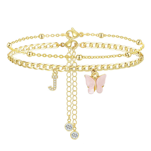 Delicate two layer pink butterfly diamond initial letter charm coppe anklet for women