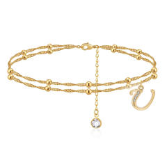 Delicate diamond initial letter charm two layer dainty women anklet