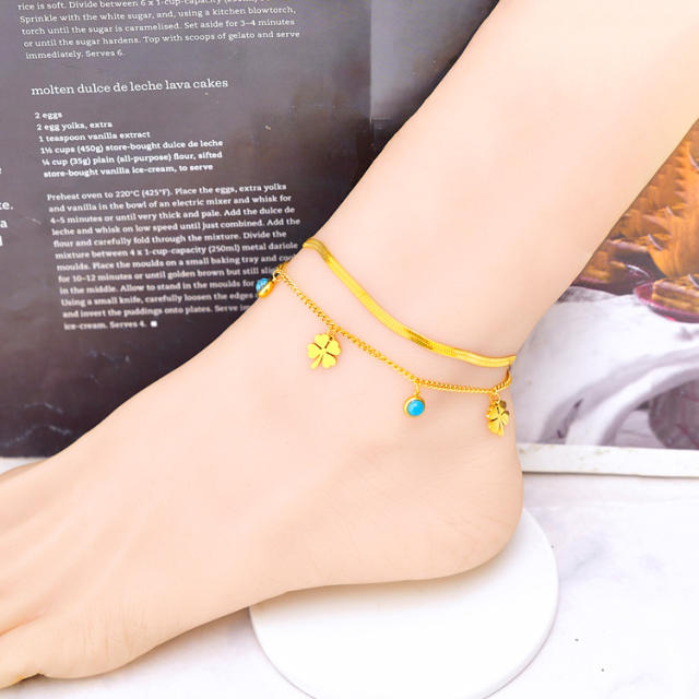 Korean fashion two layer clover turquoise bead charm stainless steel anklet