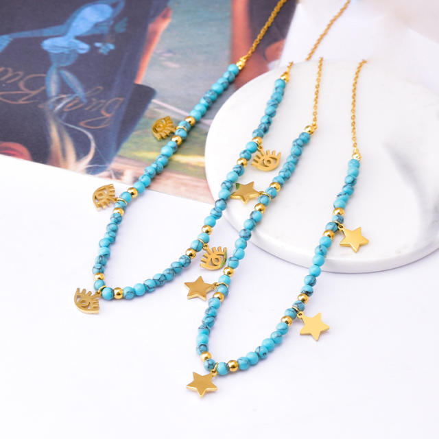 Boho turquoise bead stainless steel butterfly  star charm women necklace
