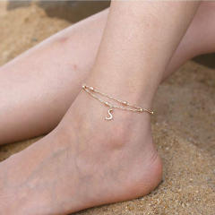 Delicate diamond initial letter charm two layer dainty women anklet