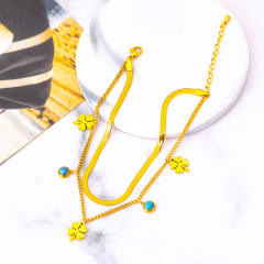 Korean fashion two layer clover turquoise bead charm stainless steel anklet