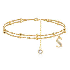 Delicate diamond initial letter charm two layer dainty women anklet