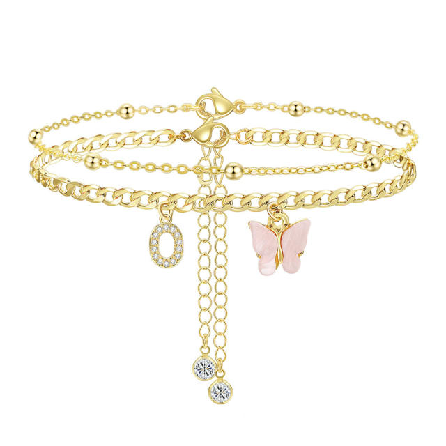 Delicate two layer pink butterfly diamond initial letter charm coppe anklet for women