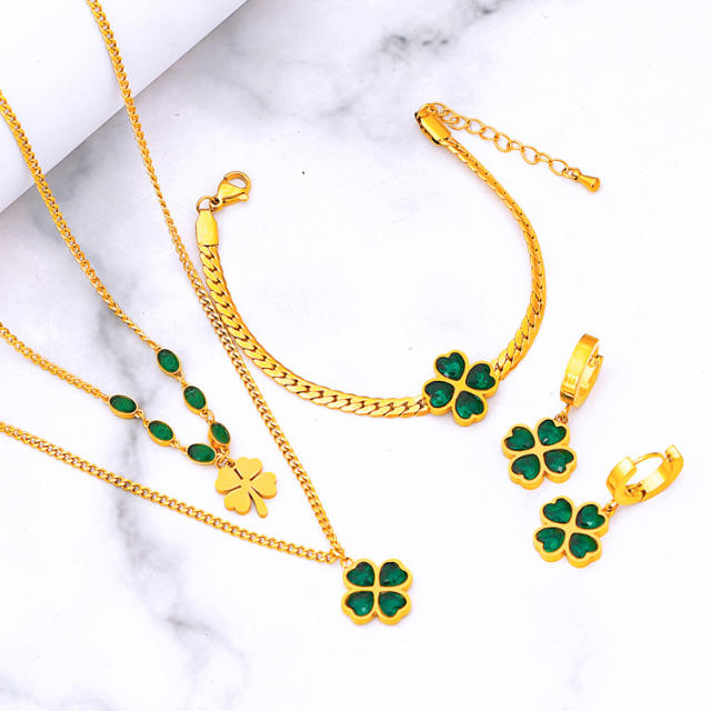 Classic emerald clover stainless steel necklace bracelet set