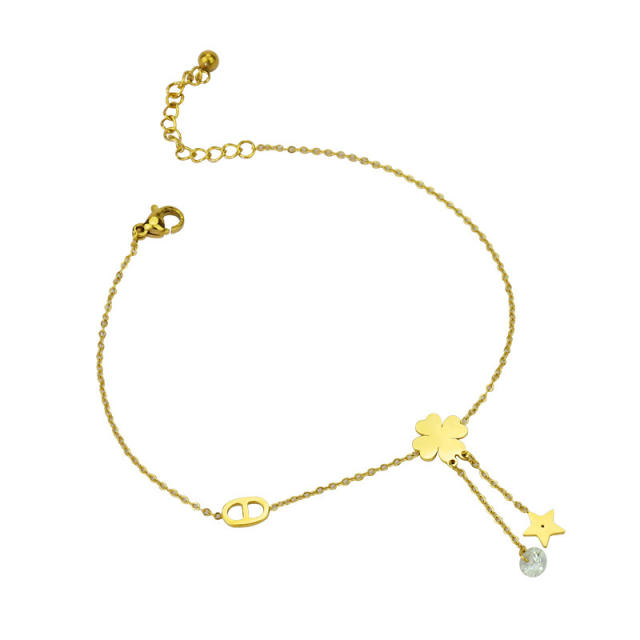 14K classic clover star charm stainless steel women anklet