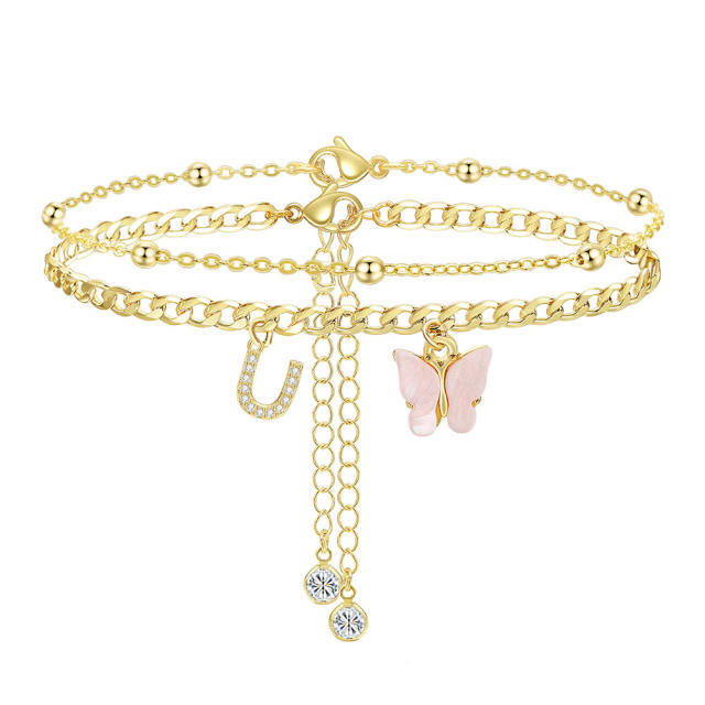 Delicate two layer pink butterfly diamond initial letter charm coppe anklet for women