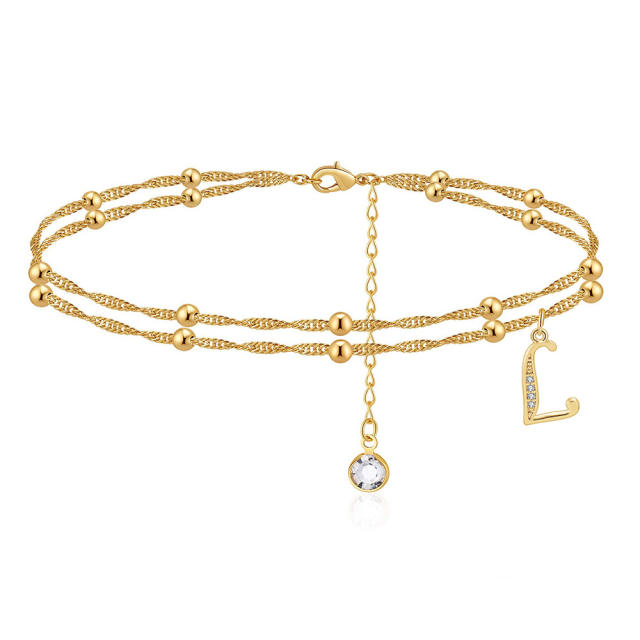 Delicate diamond initial letter charm two layer dainty women anklet