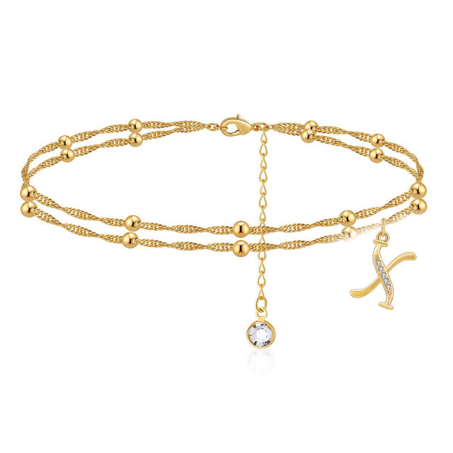Delicate diamond initial letter charm two layer dainty women anklet