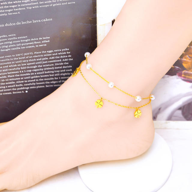 Korean fashion two layer clover turquoise bead charm stainless steel anklet