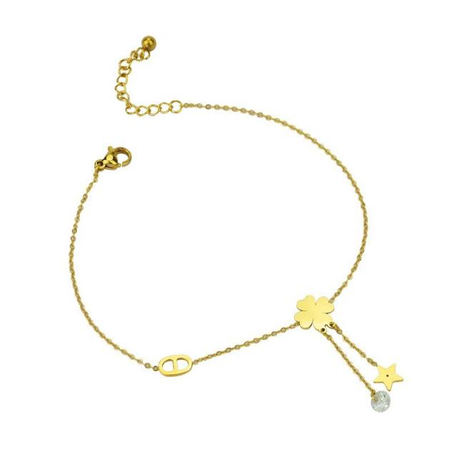 14K classic clover star charm stainless steel women anklet