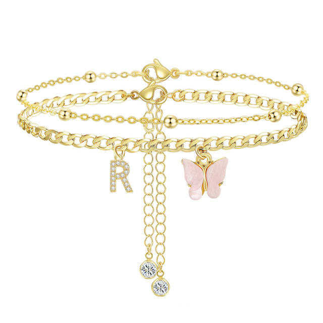 Delicate two layer pink butterfly diamond initial letter charm coppe anklet for women