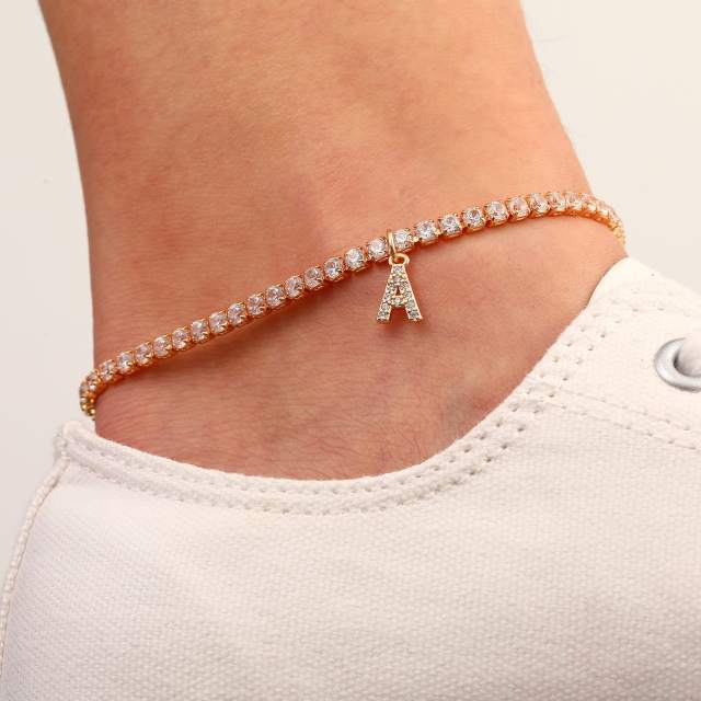 Delicate diamond initial letter charm tennis chain anklet