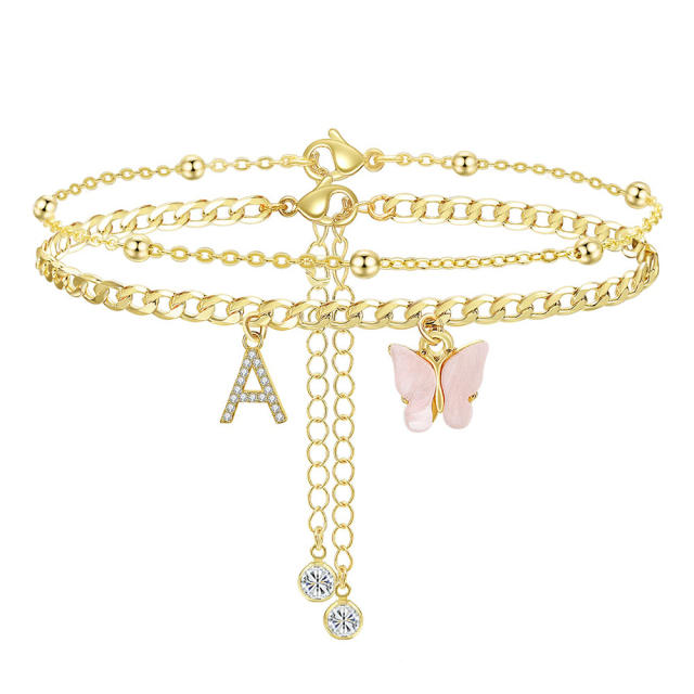 Delicate two layer pink butterfly diamond initial letter charm coppe anklet for women