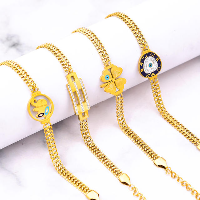 Chunky chain clover enamel elephant stainless steel bracelet
