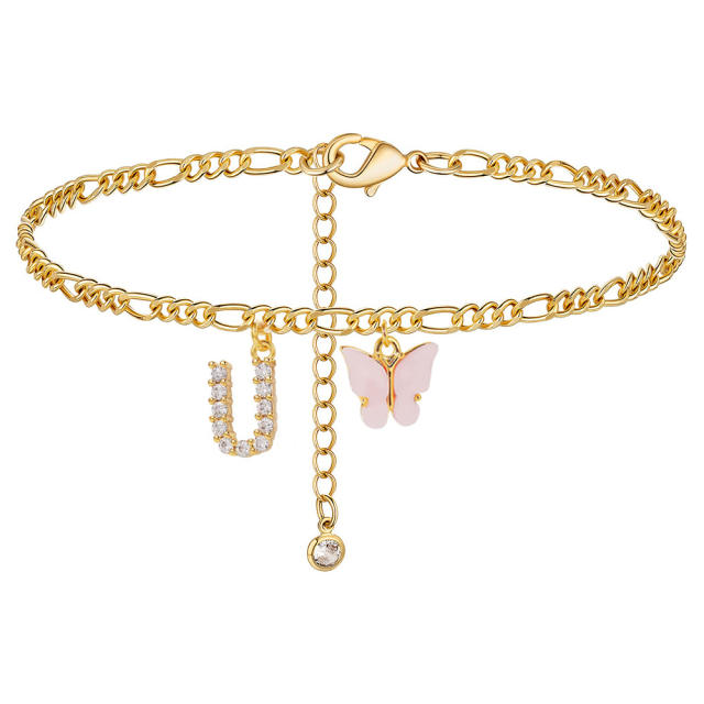 Boho delicate pink butterfly diamond initial letter charm figaro chain stainless steel anklet
