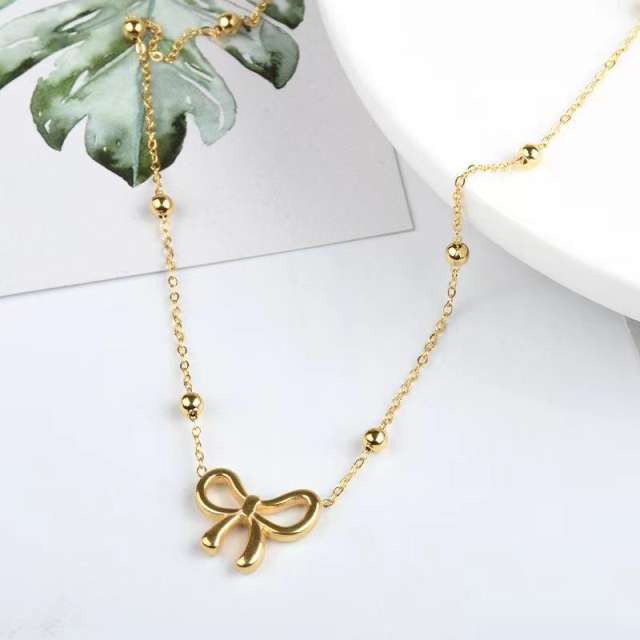 Dainty cute bow stainless steel women necklace