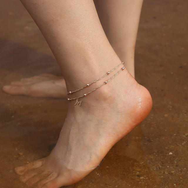 Delicate diamond initial letter charm two layer dainty women anklet