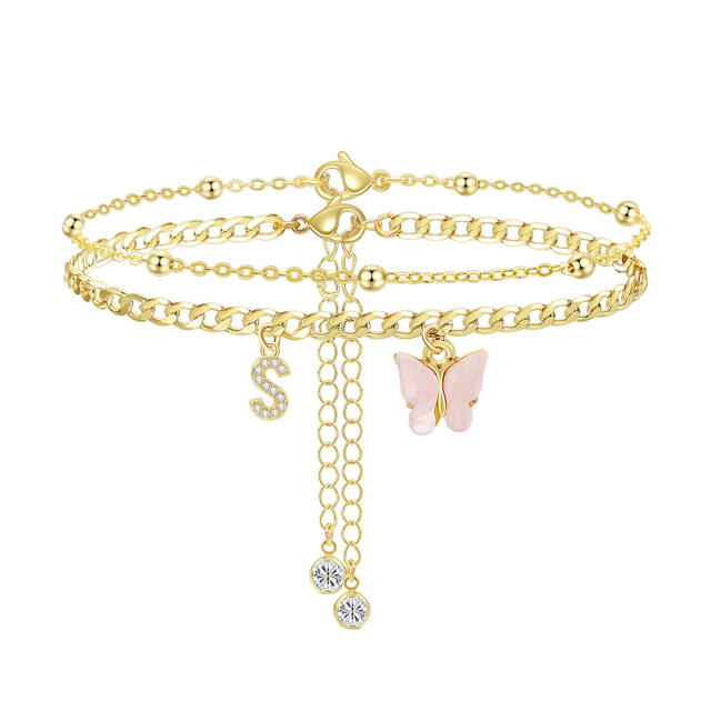 Delicate two layer pink butterfly diamond initial letter charm coppe anklet for women