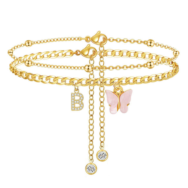 Delicate two layer pink butterfly diamond initial letter charm coppe anklet for women